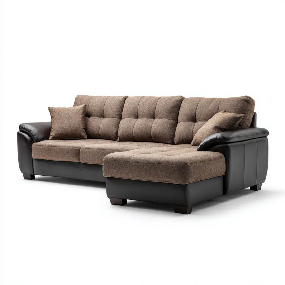 Sofa narożna prawostronna w kształcie L, brązowo-czarna, z tkaniny i PU, 260 × 160 × 90 cm
