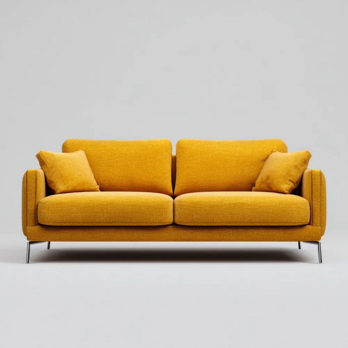 Musztardowa sofa dwuosobowa z tapicerką z tkaniny, 160 x 85 x 82 cm, z 2 poduszkami
