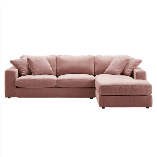 Różowa sofa narożna w kształcie L z prawostronnym szezlongiem, sztruksowa z poliestru, 260 x 160 x 85 cm