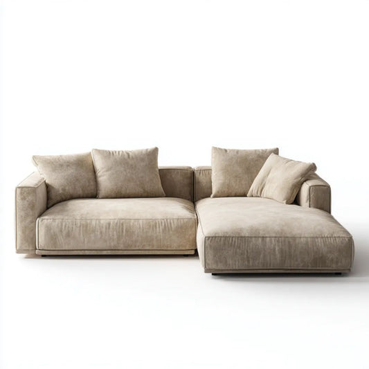 Beżowa sofa narożna z weluru poliestrowego w kształcie L, 280 × 180 × 85 cm
