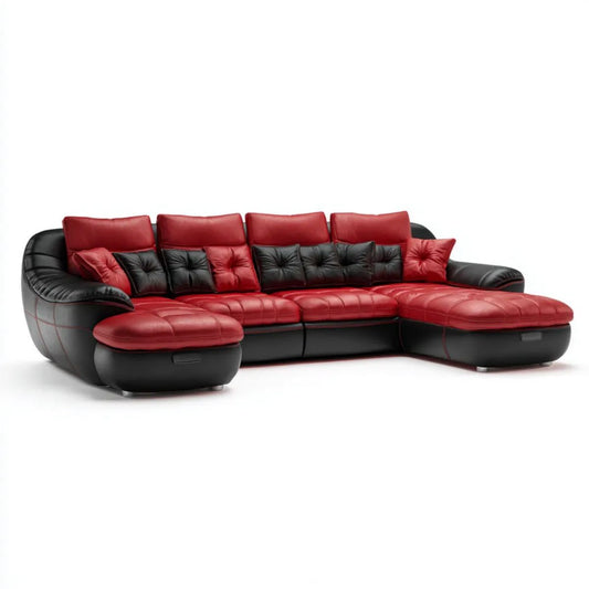 Narożna sofa modułowa w kształcie L ze skóry PU, czerwono-czarna, 330 × 210 × 90 cm
