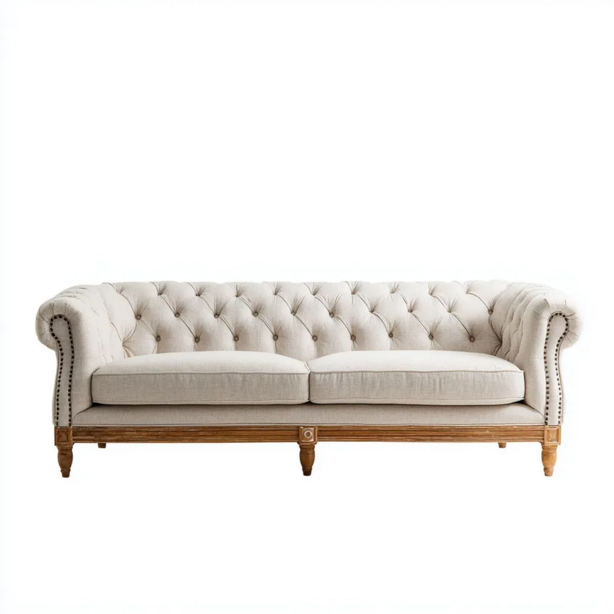 Trzyosobowa sofa Chesterfield kremowa z tapicerką poliestrową i drewnianą ramą, 220 × 90 × 78 cm