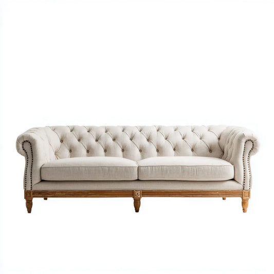 Trzyosobowa sofa Chesterfield kremowa z tapicerką poliestrową i drewnianą ramą, 220 × 90 × 78 cm
