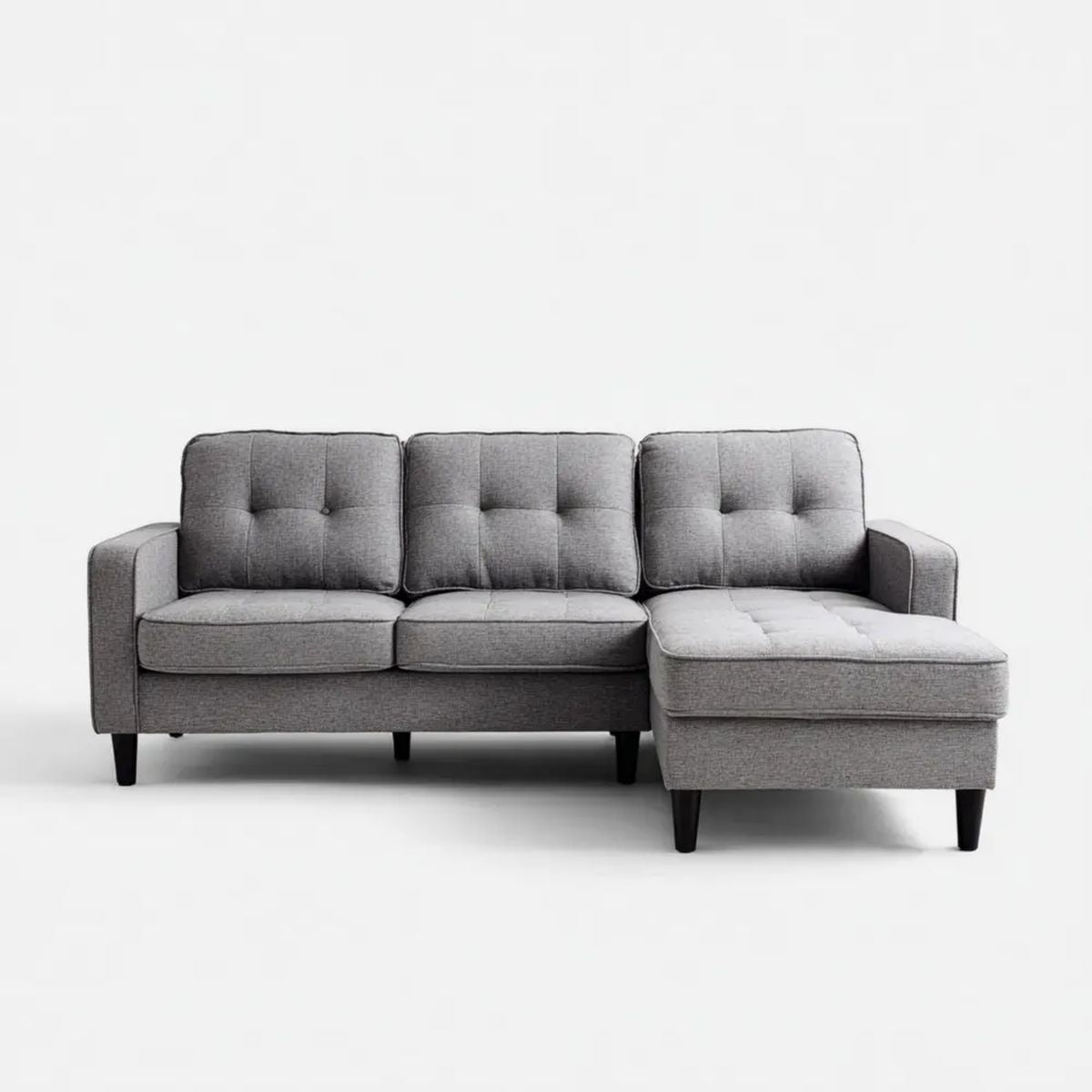 Szara sofa narożna z prawostronnym szezlongiem, tapicerowana, 230 x 150 x 88 cm