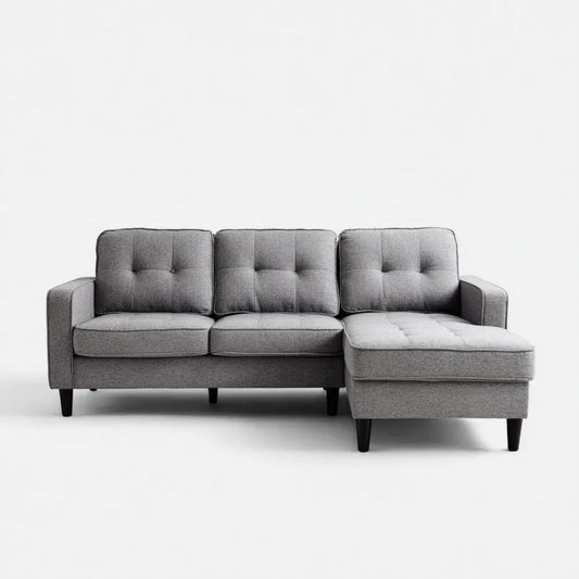 Szara sofa narożna z prawostronnym szezlongiem, tapicerowana, 230 x 150 x 88 cm
