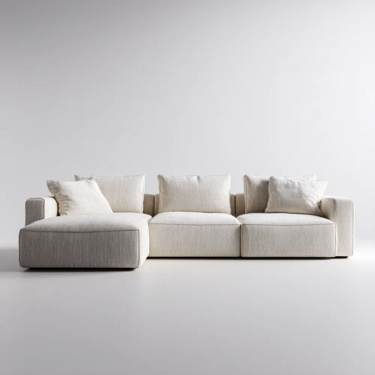 Beżowa modułowa sofa trzyosobowa z szezlongiem, tapicerowana tkaniną, 290 x 100 x 78 cm