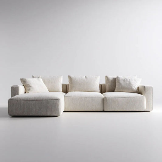 Beżowa modułowa sofa trzyosobowa z szezlongiem, tapicerowana tkaniną, 290 x 100 x 78 cm