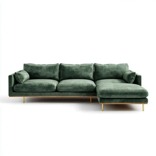 Zielona sofa narożna z prawostronnym szezlongiem z aksamitu 280 × 160 cm