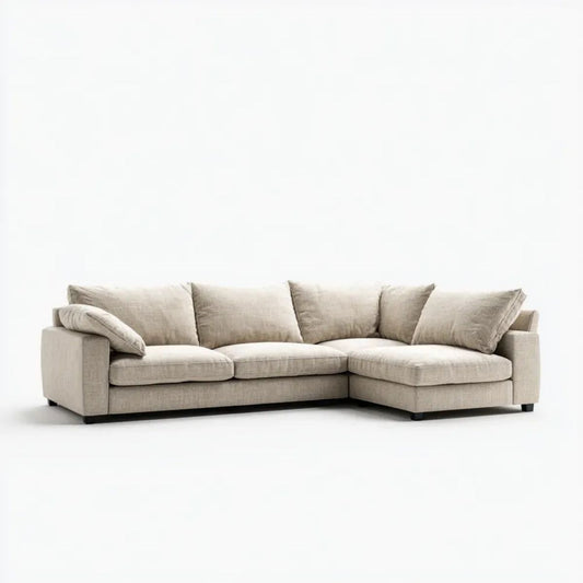 Beżowa sofa narożna z tapicerką poliestrową w kształcie L, 260 × 170 × 85 cm