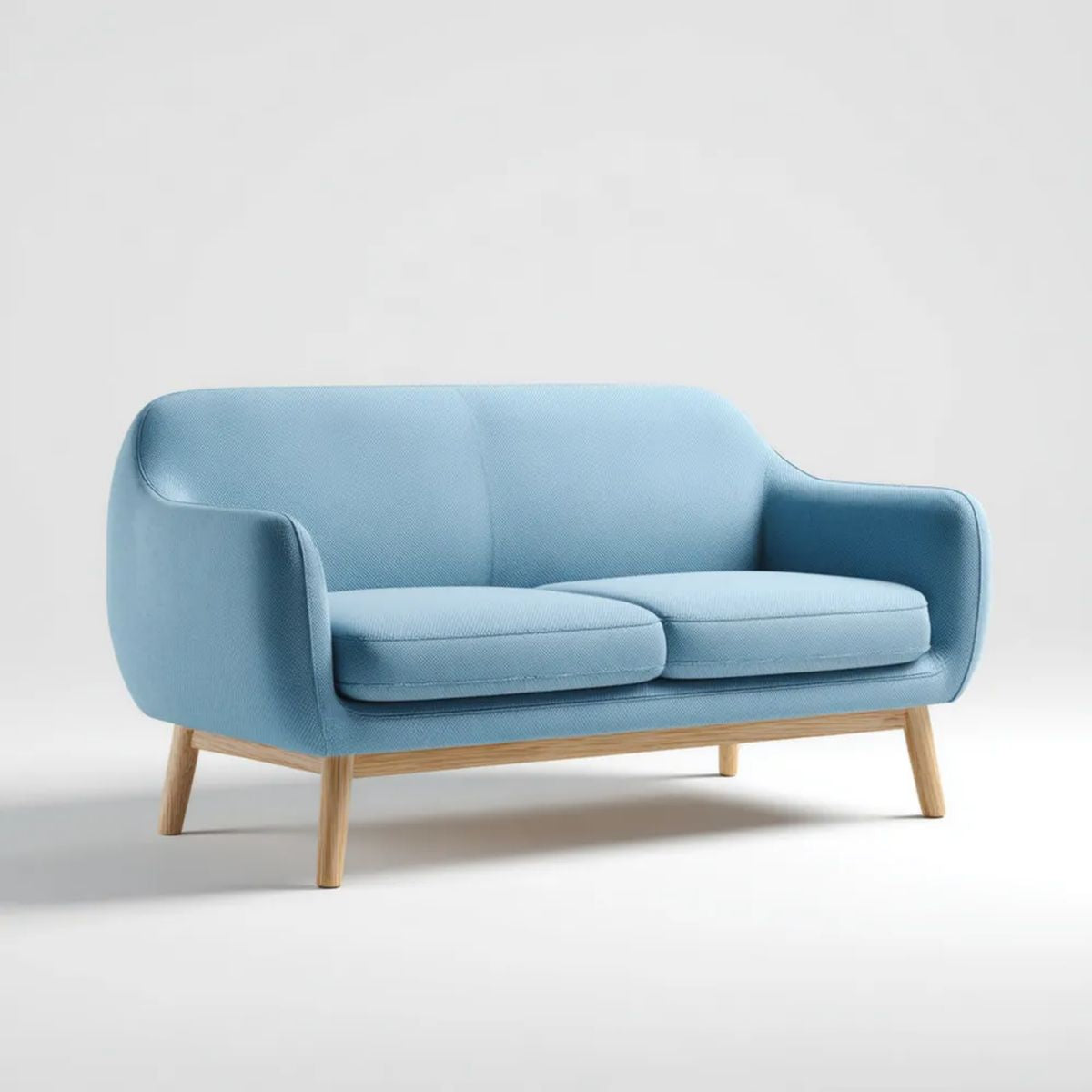 Dwuosobowa sofa jasnoniebieska z tapicerką poliestrową i drewnianymi nogami, 145 x 78 x 82 cm