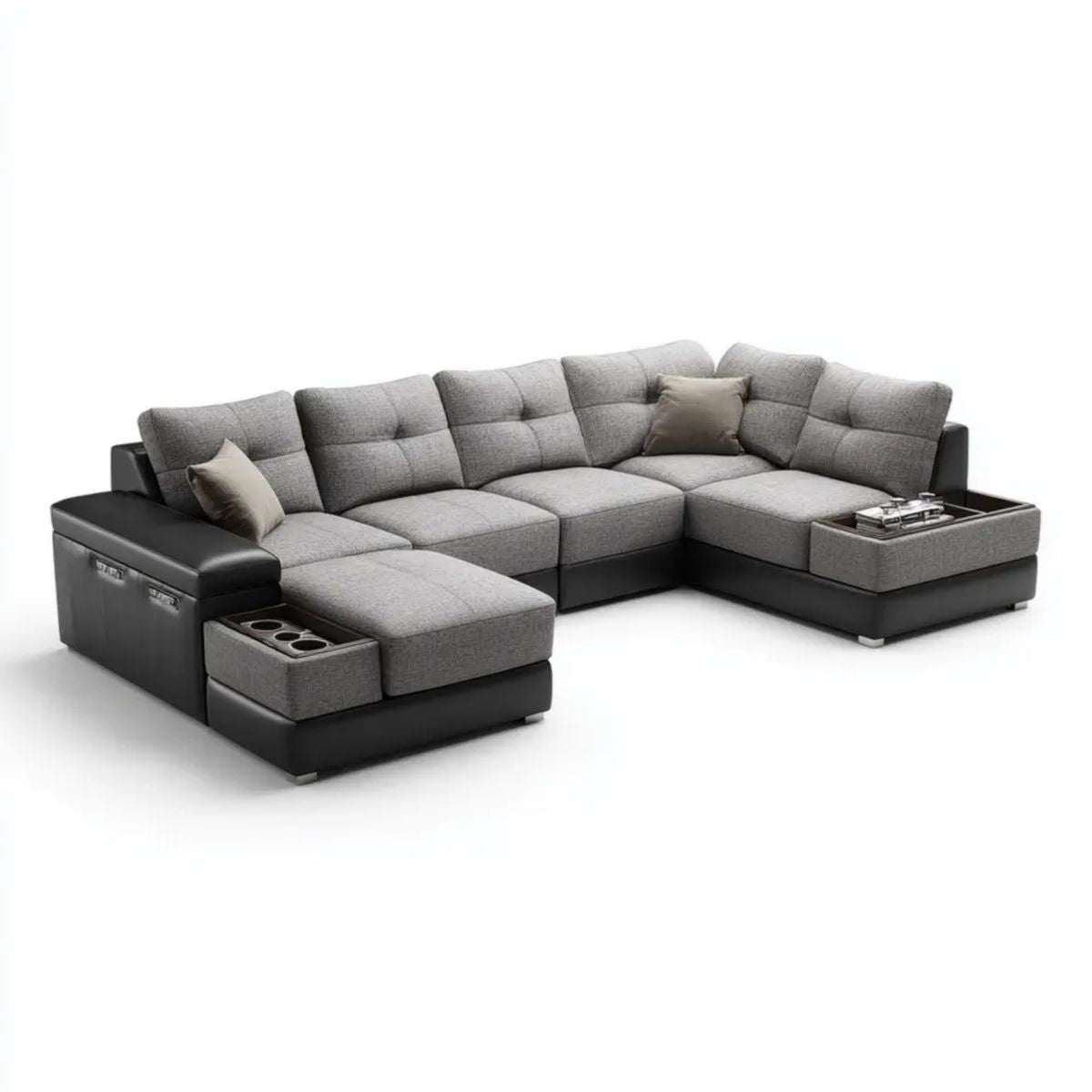 Modułowa sofa narożna w kształcie U z tkaniny i skóry PU, szaro-czarna, 330 x 250 x 85 cm