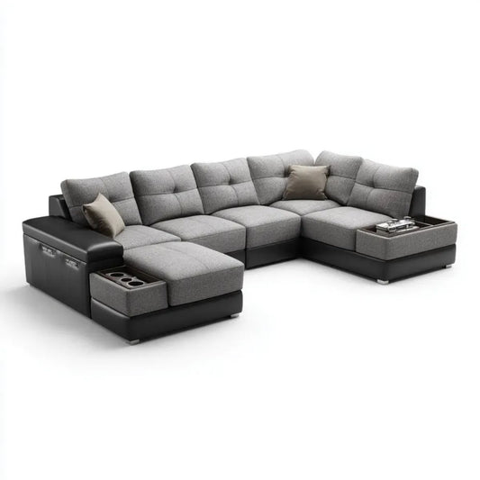Modułowa sofa narożna w kształcie U z tkaniny i skóry PU, szaro-czarna, 330 x 250 x 85 cm