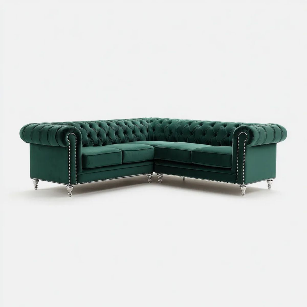 3-osobowa sofa narożna Chesterfield z weluru poliestrowego ciemnozielona 260 x 98 x 78 cm