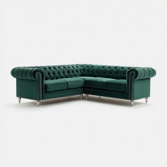 3-osobowa sofa narożna Chesterfield z weluru poliestrowego ciemnozielona 260 x 98 x 78 cm