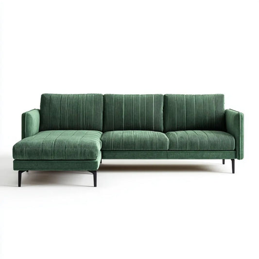 Zielona sofa narożna 3-osobowa w kształcie L z lewostronnym szezlongiem, sztruksowa, 260 × 160 × 85 cm