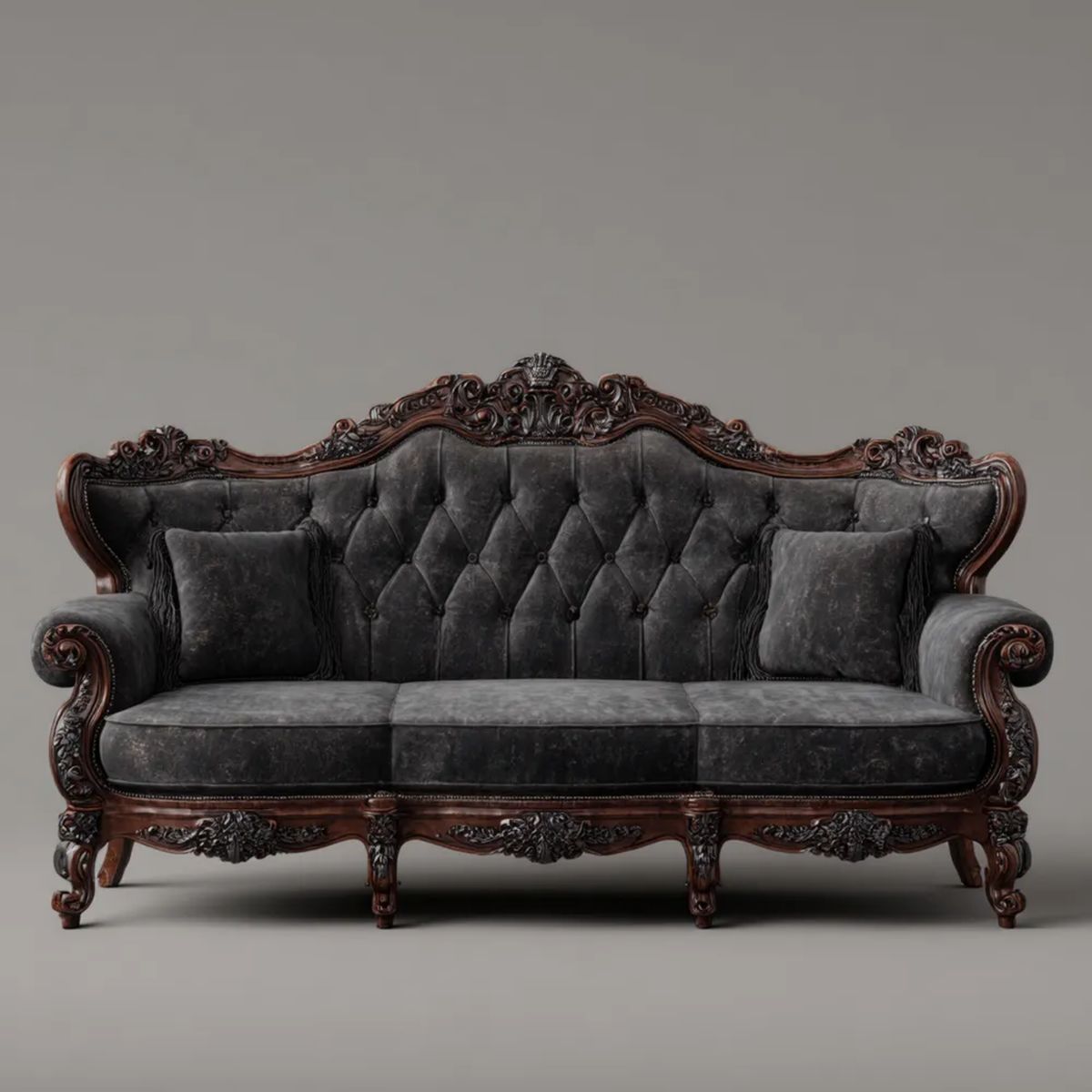 Sofa 3-osobowa z aksamitu i drewna, czarna/ciemny brąz, 220 x 95 x 125 cm