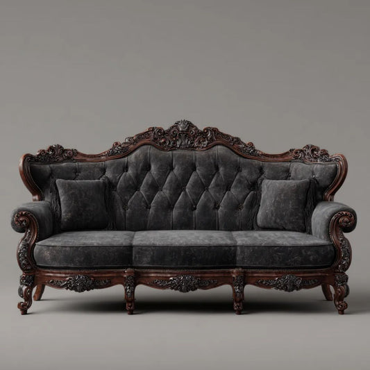Sofa 3-osobowa z aksamitu i drewna, czarna/ciemny brąz, 220 x 95 x 125 cm