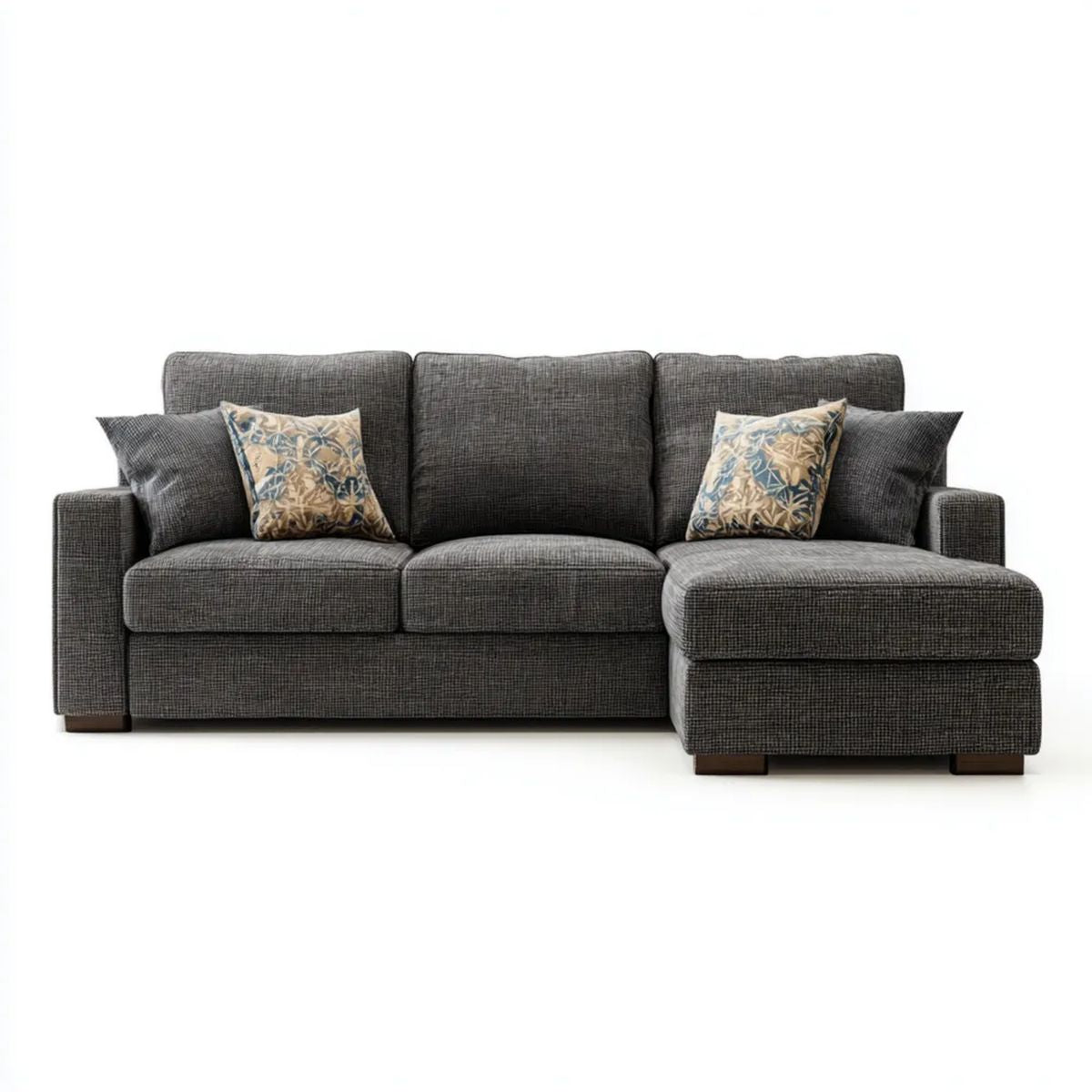 Ciemnoszara sofa narożna z szezlongiem po prawej stronie z tkaniny, 260 × 160 × 85 cm, kształt L