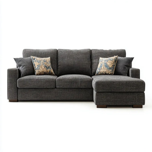 Ciemnoszara sofa narożna z szezlongiem po prawej stronie z tkaniny, 260 × 160 × 85 cm, kształt L