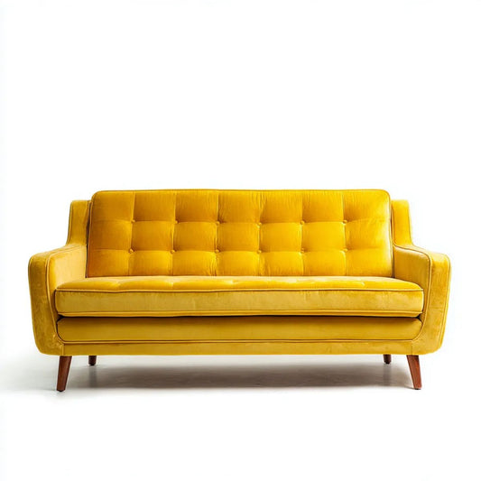 Dwuosobowa sofa z aksamitu poliestrowego musztardowa z brązowymi nogami, 160 x 83 x 86 cm