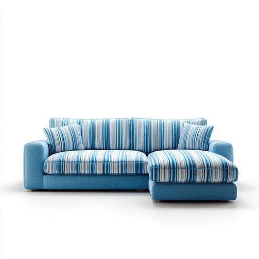 Prawostronna sofa narożna w kształcie L z szezlongiem, niebieska, tapicerowana tkaniną poliestrową, 230 × 150 cm