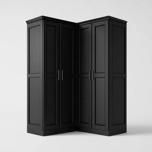 Czarna szafa narożna z płyty MDF, 4-drzwiowa, 180 x 180 x 60 x 220 cm